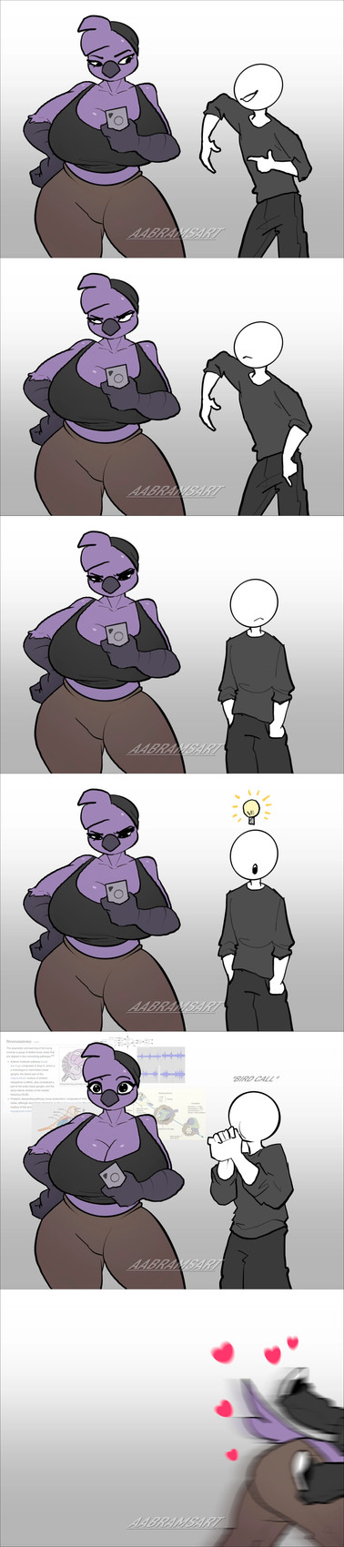 abstract_background anthro bean beanie big_breasts black_beanie black_clothing black_crop_top black_eyes black_hat black_headwear black_shirt black_topwear bottomwear breasts brown_bottomwear brown_clothing brown_pants cellphone cleavage clothed clothing crop_top curvy_figure duo electronics eyelashes feathers female glistening glistening_body glistening_breasts glistening_feathers hair hat headgear headwear heart_symbol huge_breasts huge_hips huge_thighs idea idea_bulb imminent_sex male mating_call pants phone purple_body purple_feathers purple_hair shirt short_hair smartphone tail tail_feathers text thick_thighs topwear voluptuous voluptuous_anthro voluptuous_female wide_hipped_anthro wide_hipped_female wide_hips aabramsart beat_banger bunfan_games anon zoe_monroe avian bird human mammal 2025 absurd_res artist_name comic digital_drawing_(artwork) digital_media_(artwork) hi_res long_image tall_image watermark