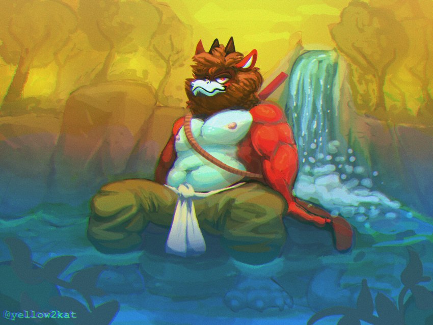 anthro barefoot belt bottomwear clothing detailed_background feet looking_at_viewer male mane muscular muscular_anthro muscular_male nipples pants pecs plant power_pole red_eyes shirtless smile smiling_at_viewer solo tree water waterfall white_belt yellow2kat axel_(lazydergenboi) 4:3 absurd_res hi_res