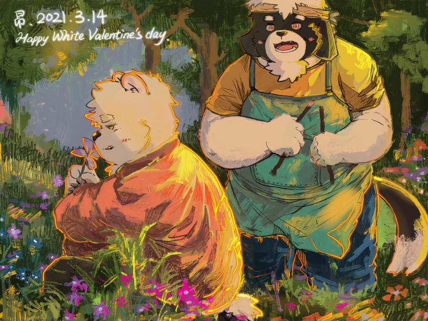 anthro black_body black_fur bottomwear clothing detailed_background duo flower fur humanoid_hands kemono male outside overweight overweight_anthro overweight_male pants plant shirt sitting topwear white_body white_fur 6heiang27 white_day bear canid canine canis domestic_dog mammal 2021 4:3 hi_res