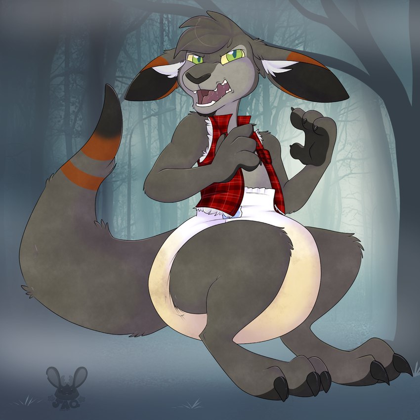 anthro bodily_fluids clothed clothing diaper genital_fluids jacket male pivoted_ears red_clothing red_jacket red_topwear solo topwear unclean_diaper urine used_diaper wearing_diaper wet_diaper wetting heyitsjaq forza_(progasus) kangaroo macropod mammal marsupial 1:1 hi_res