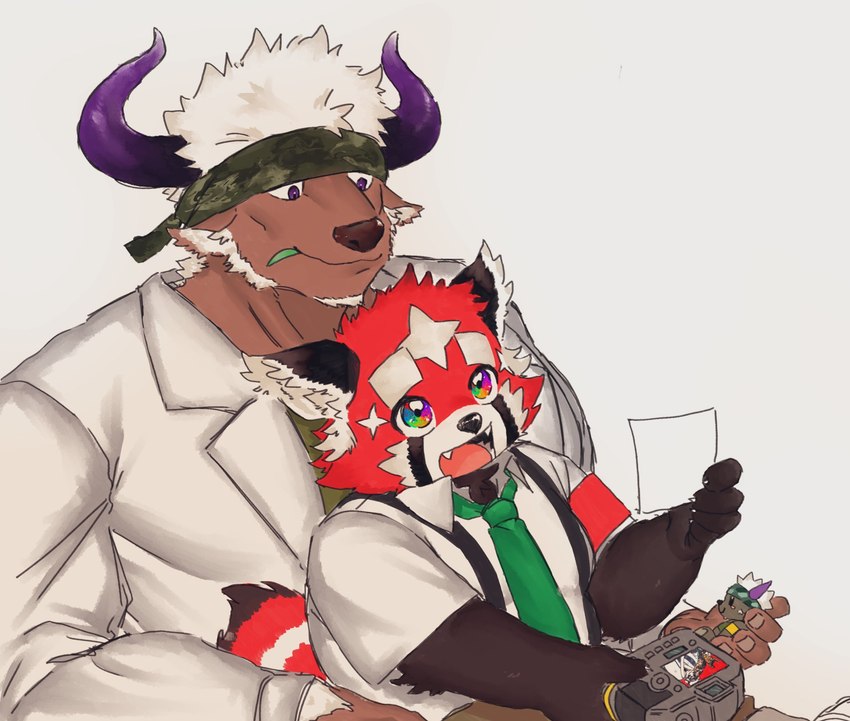 accessory anthro brown_body brown_fur clothing coat duo fur headband horn lab_coat male necktie red_body red_fur smile suspenders topwear young ta_me_ba lifewonders tokyo_afterschool_summoners shennong_(tas) zhurong_(tas) ailurid bovid bovine cattle mammal red_panda hi_res