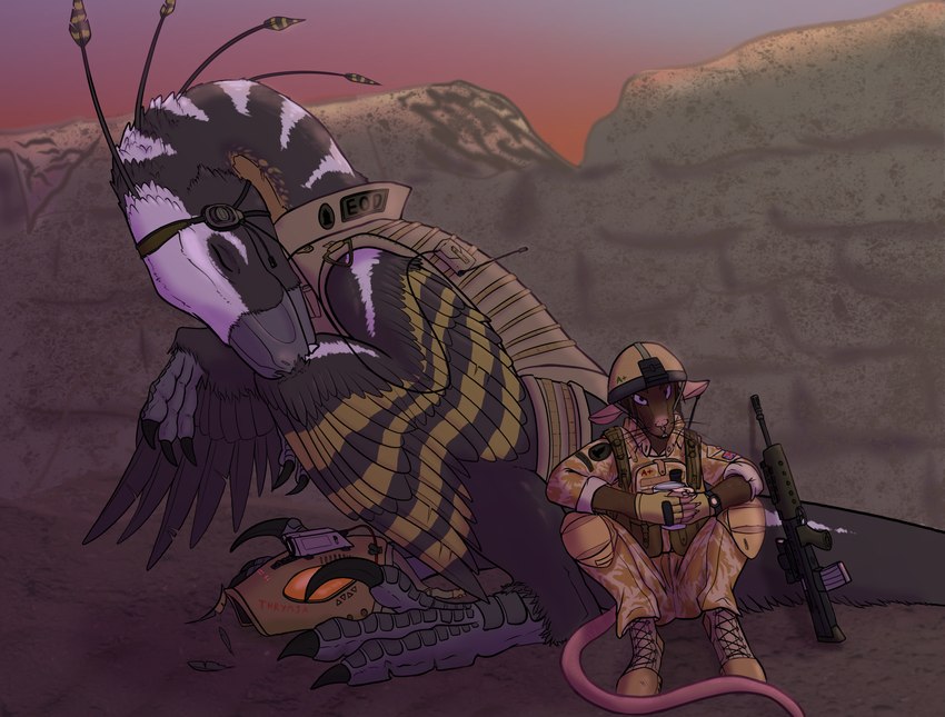 anthro armor clothing desert duo feather_preening feathers female feral gun l85 male male/female military military_uniform personal_grooming ranged_weapon rifle sa80 simple_background sitting size_difference soldier sunset uniform warrior weapon melanth_(artist) thrymja dinosaur dromaeosaurid feathered_dinosaur feathered_scalie mammal murid murine prehistoric_species rat reptile rodent scalie theropod utahraptor engineer_(disambiguation) absurd_res hi_res