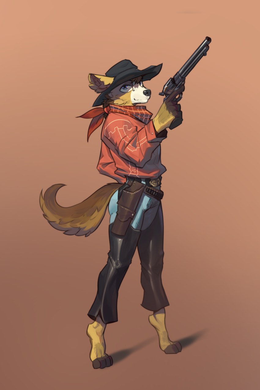 anthro clothing cowboy cowboy_hat gun handgun hat headgear headwear male pistol ranged_weapon smile smiling_at_viewer solo weapon nsilverdraws scott_(corgipudding) canid canine canis domestic_dog herding_dog mammal pastoral_dog welsh_corgi 2:3 absurd_res hi_res