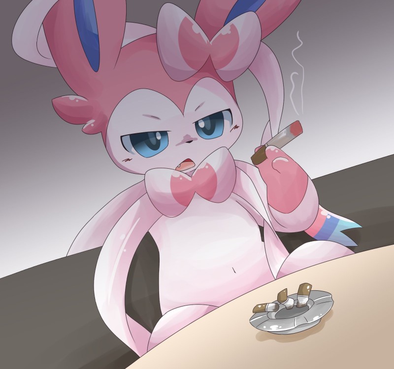 accessory ambiguous_gender anthro anthrofied ashtray bow_ribbon bow_tie cigarette furniture gradient_background hair_accessory hair_bow hair_ribbon on_sofa pokemorph ribbons simple_background sitting smoking sofa solo itameshi nintendo pokemon canid canine eeveelution generation_6_pokemon mammal pokemon_(species) sylveon hi_res