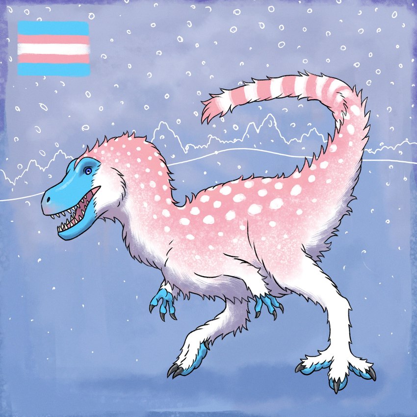 ambiguous_feral ambiguous_gender biped blue_body claws feet feral fluffy fur lgbt_pride markings open_mouth pink_body pride_color_palette pride_colors sharp_teeth snow solo spots spotted_body spotted_fur striped_body striped_fur stripes talons teeth toes transgender_pride_colors white_body white_markings kutv dinosaur prehistoric_species reptile scalie theropod tyrannosauroid yutyrannus 1:1 absurd_res hi_res restricted_palette