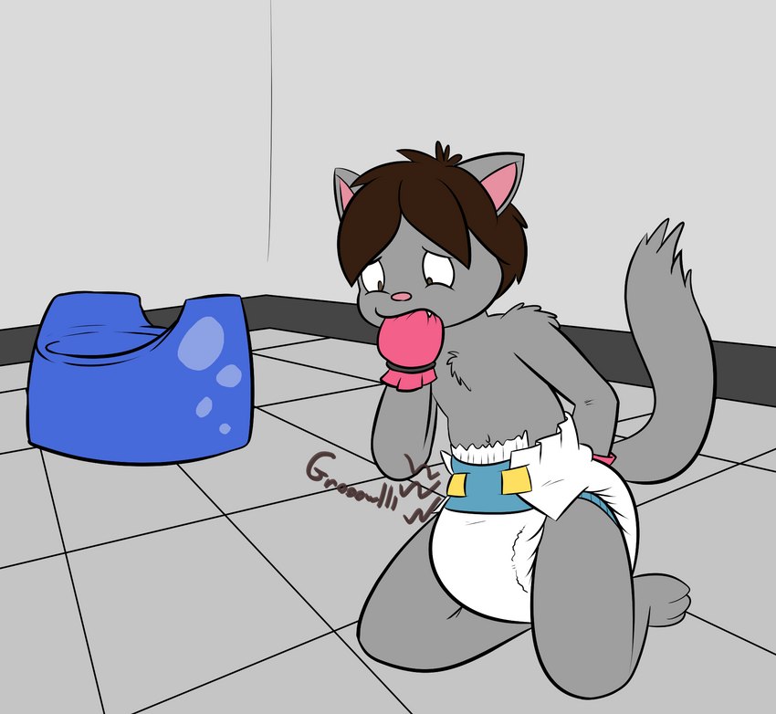 anthro arms_bent bathroom bent_legs blue_eyes bodily_noises bottomwear brown_hair caught_off_guard clean_diaper clothed clothing crouching cute_fangs dark_hair desperation diaper diaper_fetish emanata embarrassed exposed_diaper extended_sound_effect fangs feet fluffy fluffy_tail fur gesture grey_body grey_fur hair impending_feces inside kneeling male monotone_hair onomatopoeia padding paws potty potty_chair potty_training raised_hand rumbling_stomach so_close_yet_so_far solo sound_effect_variant sound_effects struggling tail teeth text toilet touching_diaper wave_emanata wearing_diaper worried ritzcat felid feline mammal 2021 english_text hi_res story story_in_description