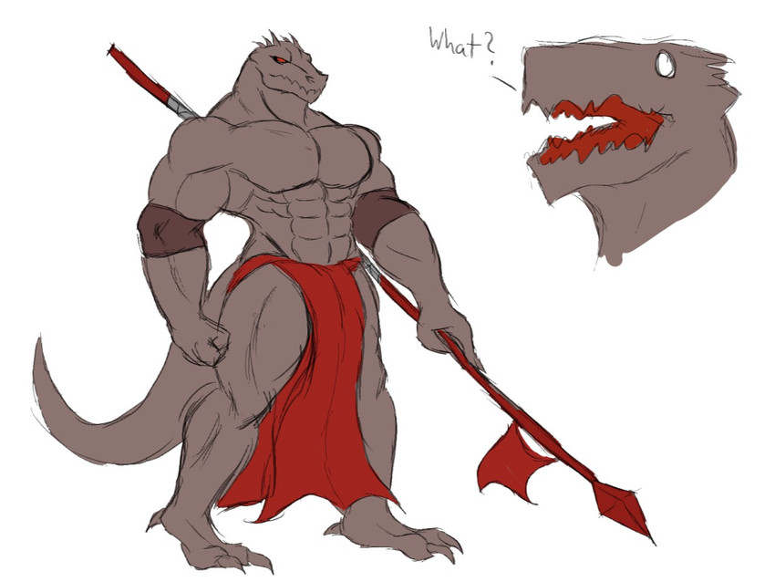 anthro clothed clothing male melee_weapon muscular muscular_anthro muscular_male polearm solo spear tail text topless weapon daikuhiroshiama tower_of_god rak_wraithraiser crocodilian reptile scalie wraithraiser 4:3 english_text