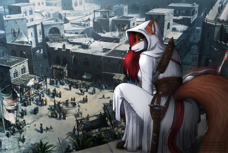 anthro assassin breasts brown_body brown_fur clothed clothing crouching crowd female fluffy fluffy_tail fur group knife melee_weapon solo_focus sword tail water weapon white_body white_fur vani-fox assassin's_creed ubisoft vani-fox_(character) canid canine fox human mammal 2011