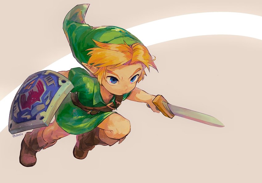 action_pose blonde_hair blue_eyes boots clothing footwear hair hat headgear headwear holding_melee_weapon holding_object holding_sword holding_weapon humanoid_pointy_ears hylian_shield light_body light_skin male melee_weapon not_furry pointy_ears pose shield shoes simple_background solo sword weapon olxexlo nintendo ocarina_of_time the_legend_of_zelda young_link elf humanoid hylian hi_res signature