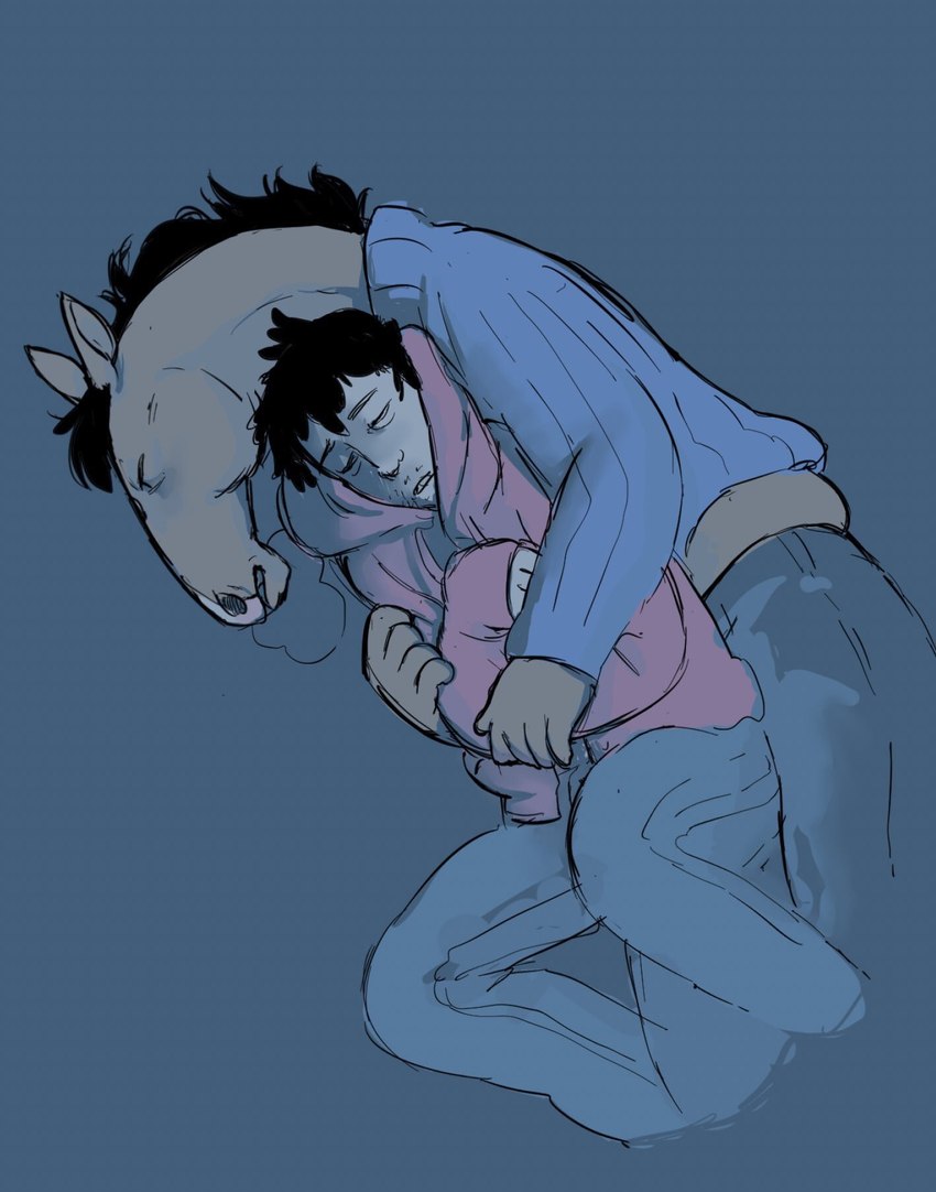 anthro black_hair bottomwear breath brown_body brown_fur clothed clothing cuddling duo eyes_closed fur hair holding_another hoodie hug jacket lying male male/male mane on_side pants simple_background sleeping sweater topwear dokudrinker bojack_horseman netflix bojack_horseman_(character) todd_chavez equid equine horse human mammal 2019 hi_res