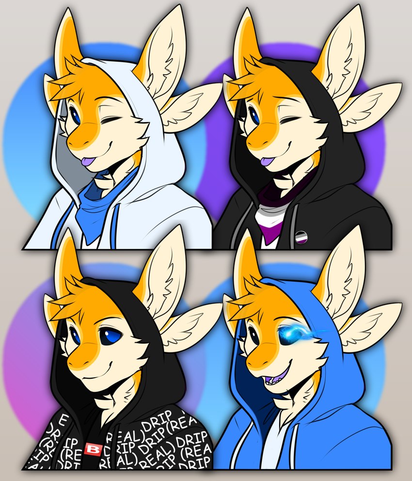 4_ears anthro asexual_pride_colors b_emoji black_clothing black_hoodie black_sclera black_topwear blep blue_clothing blue_eyes blue_hoodie blue_topwear clothed clothed_anthro clothed_male clothing electric_eyes feather_hair feathers furgonomic_headwear furgonomic_hood furgonomics grey_background hair hoodie inner_ear_fluff lgbt_pride looking_at_viewer male male_anthro multi_ear one_eye_closed orange_body orange_ears orange_feathers orange_hair pin_badge pride_colors pseudo_hair purple_tongue simple_background solo tongue tongue_out topwear tuft white_clothing white_hoodie white_inner_ear white_inner_ear_fluff white_topwear wink winking_at_viewer lockworkorange undertale_(series) ravashi_(dynnie) avali avian 2023 hi_res male_(lore)