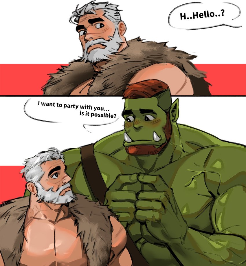 abs anthro barbarian beard biceps blush comic_panel dialogue duo facial_hair fangs fur_pelt fur_trim_(clothing) green_body green_skin greeting hair larger_male male muscular muscular_humanoid muscular_male nervous nose_scar pecs red_hair shaved_sides size_difference smaller_male speech_bubble teeth text vein veiny_muscles white_hair dopq human humanoid mammal orc 2023 comic english_text hi_res