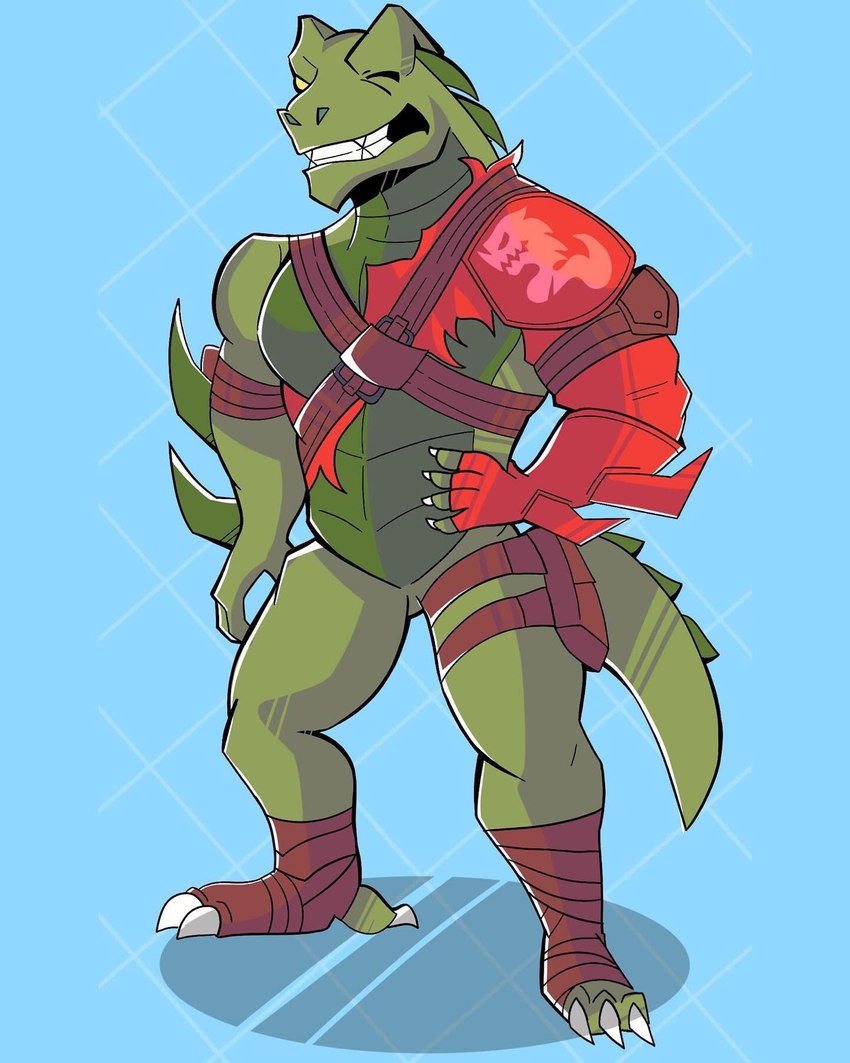 anthro armor blue_background hand_on_hip looking_at_viewer male one_eye_closed pattern_background pecs simple_background solo teeth_showing wink winking_at_viewer htony epic_games fortnite hybrid_(fortnite) scalie 4:5 hi_res