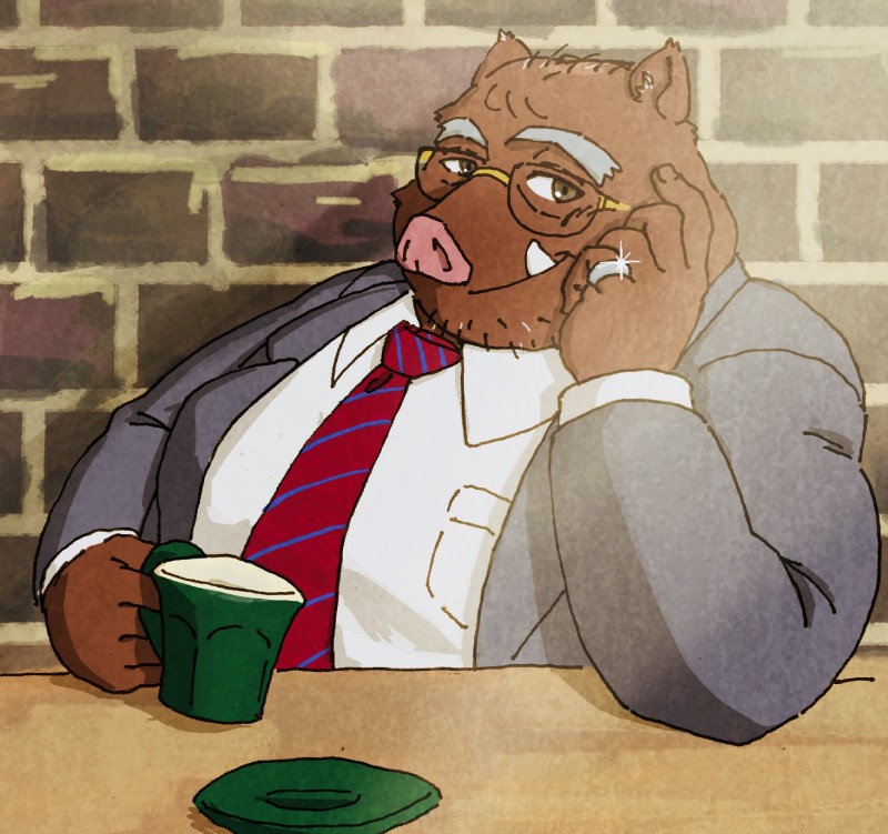 anthro brown_body brown_fur clothing eyewear fur glasses humanoid_hands kemono male necktie overweight overweight_anthro overweight_male shirt sitting solo topwear rentcg mammal suid suine sus_(pig) wild_boar 2018 hi_res