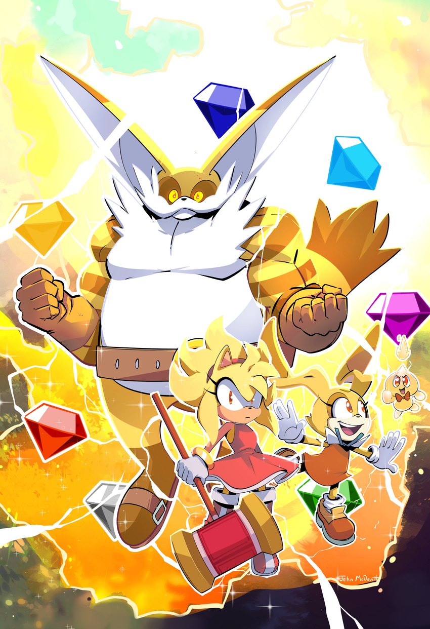 anthro belly belt chaos_emerald clothing electricity female fur gem gloves hammer handwear lightning male overweight powering_up super_form tools yellow_body yellow_fur john_mcdevitt sega sonic_the_hedgehog_(series) amy_rose big_the_cat cheese_the_chao cream_the_rabbit super_amy_rose super_big super_cream domestic_cat eulipotyphlan felid feline felis hedgehog mammal absurd_res hi_res