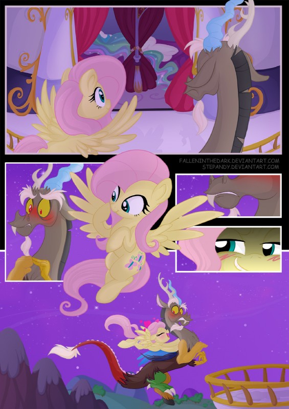 antlers black_hair blue_eyes blush cutie_mark feathered_wings feathers female feral flying hair heart_symbol horn mountain night outside pink_hair red_eyes star white_hair wings yellow_body yellow_feathers falleninthedark stepanda friendship_is_magic hasbro my_little_pony mythology discord_(mlp) fluttershy_(mlp) princess_celestia_(mlp) chimera draconequus equid equine mammal mythological_creature mythological_equine pegasus 2013 comic hi_res