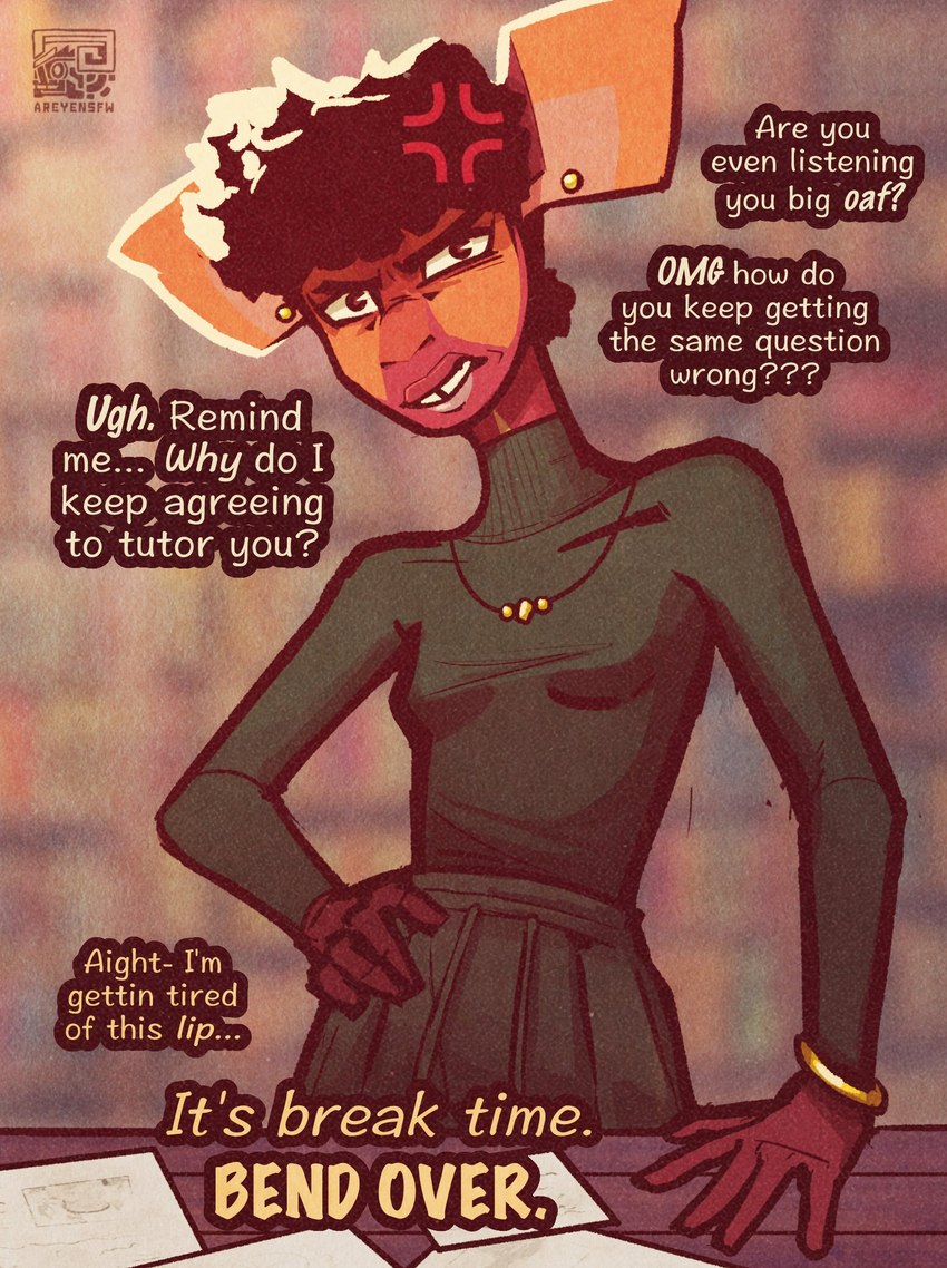 afro annoyed anthro blurred_background bottomwear bracelet clothed clothing cross-popping_vein desk ear_piercing eyebrows female furniture gold_(metal) gold_jewelry hair hand_on_hip inside jewelry lips looking_at_viewer narrowed_eyes necklace paper piercing skirt solo sweater table talking_to_viewer teeth text tooth_gap topwear turtleneck vein areye_(artist) lo-lo_(areye) giraffid mammal okapi 2024 english_text hi_res watermark gynomorph_(lore) intersex_(lore) nonbinary_(lore)