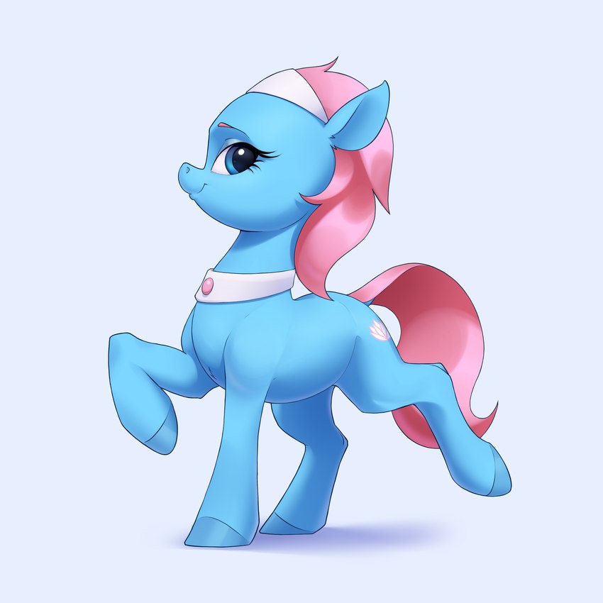 blue_body blue_eyes blue_hooves collar cutie_mark eyelashes female feral hair hooves looking_at_viewer pink_hair pink_tail profile quadruped raised_hoof raised_leg side_view simple_background solo tail aquaticvibes friendship_is_magic hasbro my_little_pony lotus_(mlp) earth_pony equid equine horse mammal pony 1:1 2022 absurd_res digital_drawing_(artwork) digital_media_(artwork) full-length_portrait hi_res portrait