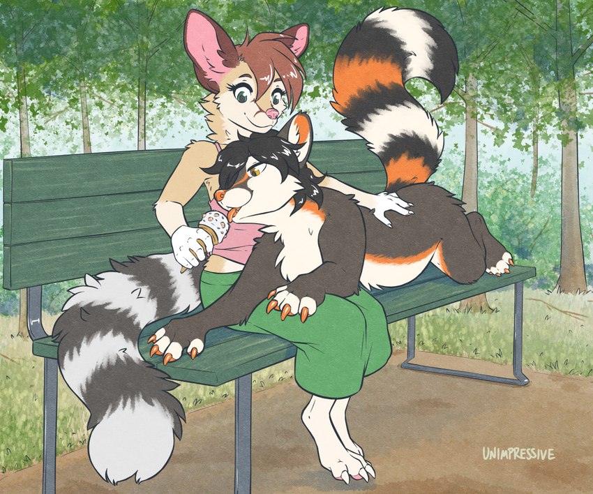 ambiguous_gender anthro bench cheek_tuft chest_tuft claws clothed clothing dessert detailed_background digitigrade duo facial_tuft feet female finger_claws fingerless_(marking) food gloves_(marking) green_eyes ice_cream inner_ear_fluff markings neck_tuft nude outside ring_(marking) ringed_tail shirt striped_markings striped_tail stripes tail tail_markings tank_top toe_claws toeless_(marking) tongue tongue_out topwear tuft gavbat kulza bassariscus mammal procyonid ring-tailed_cat 2024 6:5 colored digital_drawing_(artwork) digital_media_(artwork)