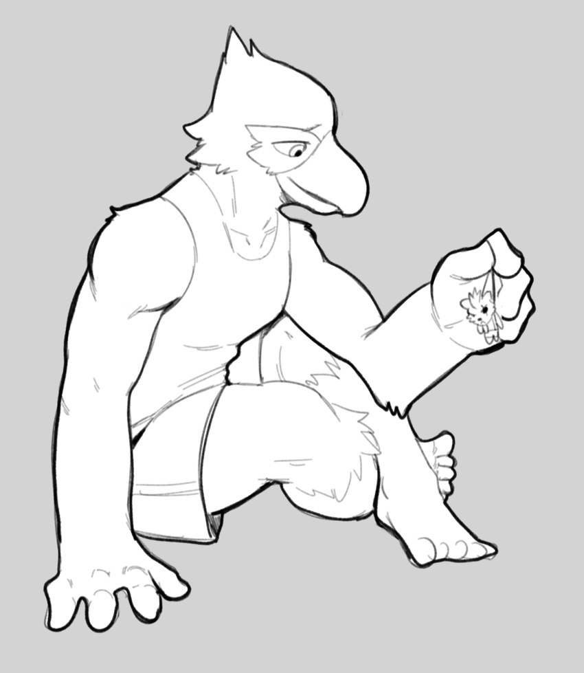 anthro beak bottomwear clothed clothing feathers male plushie shirt shorts sitting size_difference tank_top topwear jrjresq nintendo star_fox falco_lombardi wolf_o'donnell avian bird monochrome sketch