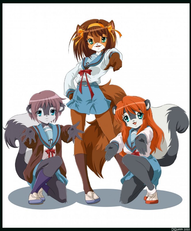 anthro auburn_hair blue_eyes bottomwear breasts brown_body brown_fur brown_hair clothing female fluffy fluffy_tail footwear fur gesture green_eyes grey_body grey_fur group hair hand_gesture legwear looking_at_viewer orange_hair pointing pointing_at_viewer pose purple_hair ribbons school_uniform shoes simple_background skirt socks tail uniform white_background white_body white_fur yukivaneller the_melancholy_of_haruhi_suzumiya haruhi_suzumiya mikuru_asahina yuki_nagato domestic_cat felid feline felis mammal mephitid skunk striped_skunk 2010 hi_res