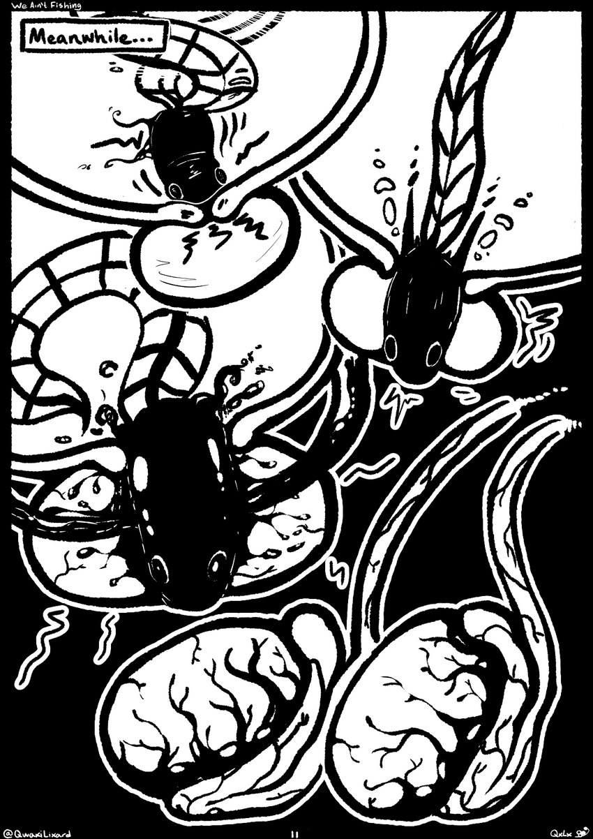 balls bestiality bladder bladder_penetration corruption feral genitals infestation inside_bladder internal male organs parasite penetration prostate prostate_penetration prostate_stimulation solo text urethral urethral_penetration vein veiny_balls qwaxi~lixard amphibian tadpole black_and_white comic english_text hi_res monochrome signature