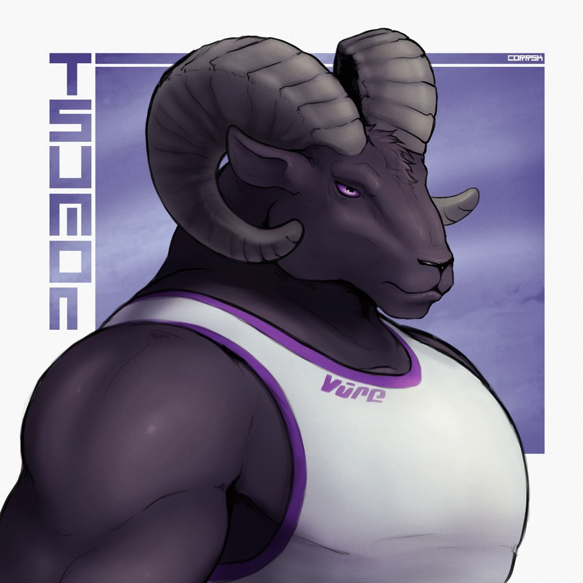 anthro black_body black_fur clothed clothing fur horn male muscular muscular_anthro muscular_male shirt simple_background solo tank_top topwear corrsk bovid caprine mammal sheep 1:1 digital_media_(artwork) hi_res