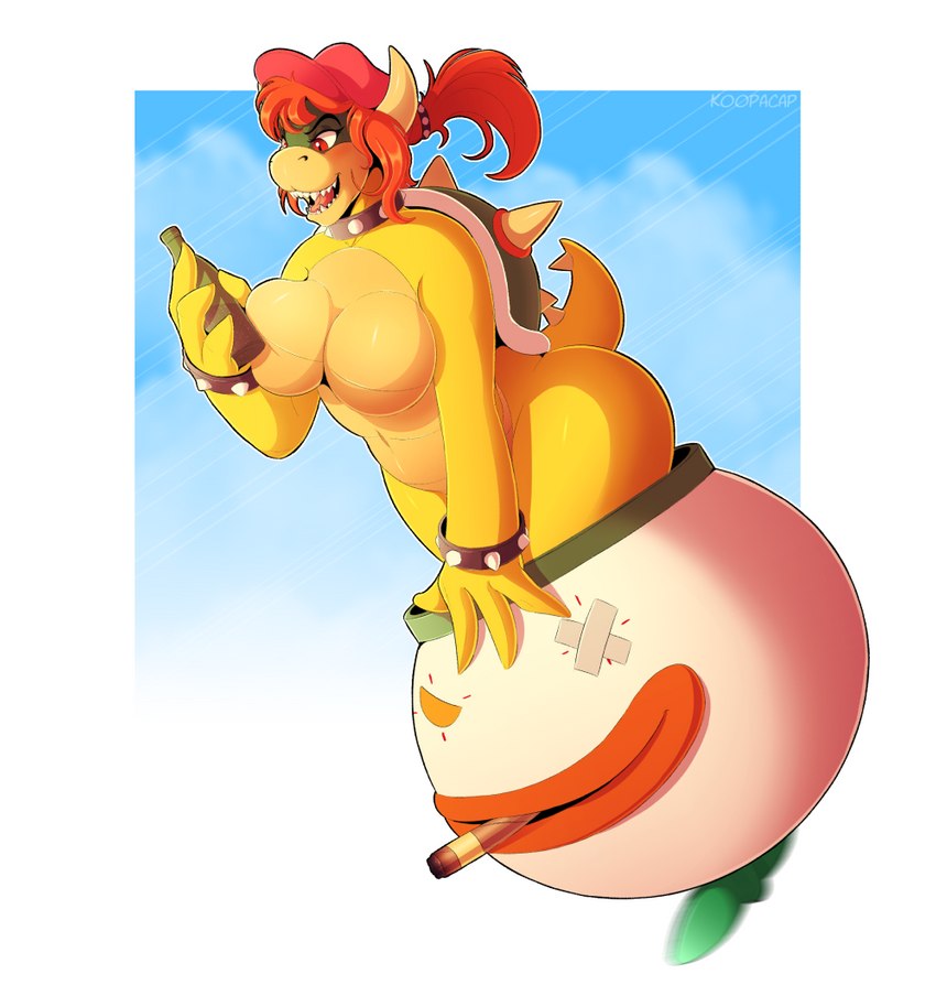 anthro big_breasts bracelet breasts cigar clothing cloud collar featureless_breasts female glass_bottle hair hat headgear headwear jewelry koopa_clown_car nude orange_hair ponytail red_eyes sharp_teeth shell sky solo spiked_bracelet spiked_collar spiked_shell spikes spikes_(anatomy) teeth tied_hair wide_hips yellow_body koopacap mario_bros nintendo cap_(koopacap) koopa reptile scalie