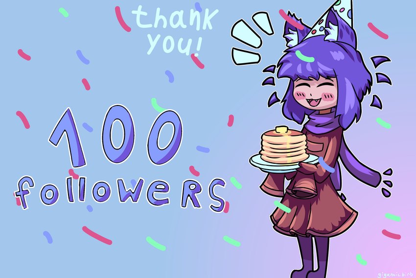ambiguous_gender blue_hair blue_scarf blush brown_clothing brown_sweater brown_topwear butter clothing confetti cute_fangs dairy_products eyebrows eyes_closed fangs follower_number food footwear hair happy hat headgear headwear holding_plate inner_ear_fluff open_mouth pancake party_hat pink_tongue purple_clothing purple_footwear scarf solo standing sweater tan_body tan_skin teeth text three-quarter_view tongue topwear tuft justbirb oneshot niko_(oneshot) animal_humanoid cat_humanoid felid felid_humanoid feline feline_humanoid humanoid mammal mammal_humanoid 3:2 digital_media_(artwork) english_text hi_res krita_(artwork) milestone_celebration nonbinary_(lore)