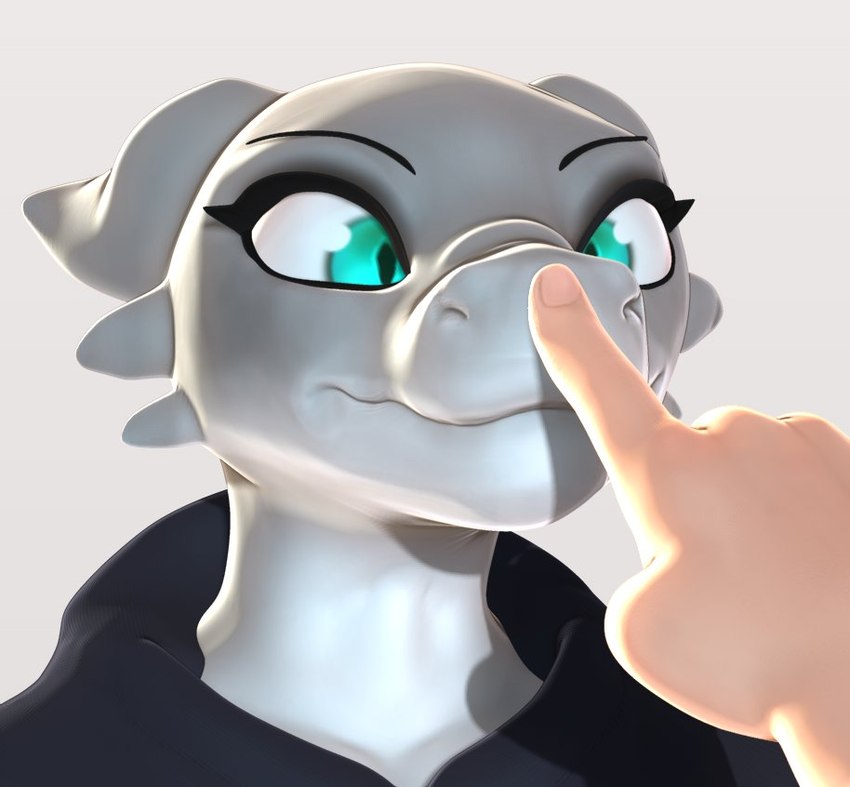 anthro blue_eyes boop clothed clothing disembodied_hand duo eyebrows eyeliner female female_focus makeup nose_boop simple_background smile spikes spikes_(anatomy) delbi3d emi_(delbi3d) human kobold mammal scalie 2020 3d_(artwork) digital_media_(artwork)