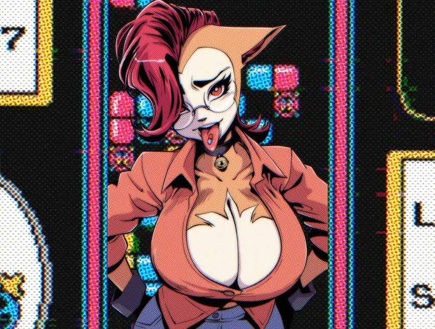 anthro bell big_breasts breasts cleavage clothed clothing collar eyewear female fully_clothed fur glasses hair huge_breasts jacket looking_at_viewer mohawk multicolored_body multicolored_fur piercing red_eyes red_hair solo tongue tongue_out tongue_piercing topwear two_tone_body two_tone_fur wide_hips hecchidechu dr._mario nintendo super_fuck_friends monique_pussycat felid feline mammal hi_res