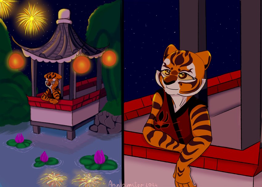 anthro asian_clothing chinese_clothing clothed clothing east_asian_clothing female fireworks flower gazebo holidays lamp lantern looking_down looking_up lotus_(flower) night paper_lantern plant solo stripes water alanhamster chinese_new_year dreamworks kung_fu_panda master_tigress felid mammal pantherine tiger absurd_res digital_media_(artwork) hi_res