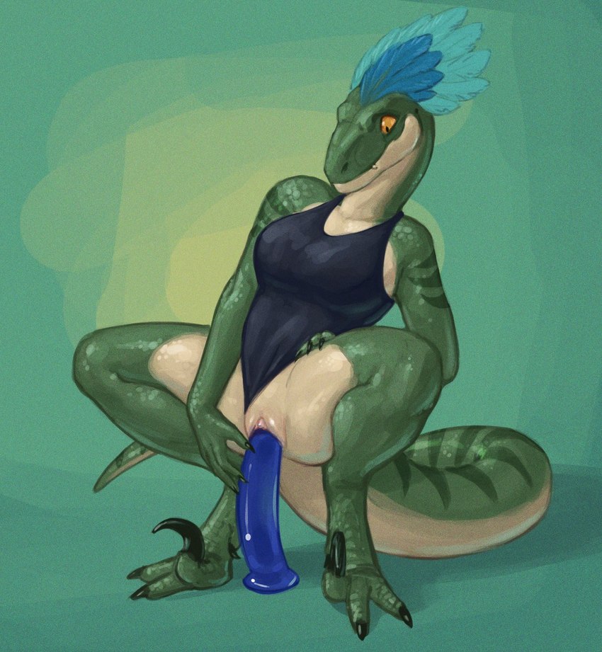 anthro blue_body blue_feathers breasts claws clothing clothing_aside crouching dildo dildo_in_pussy dildo_insertion dildo_sitting feather_hair feathers feet female front_view genitals green_body green_scales masturbation non-mammal_breasts one-piece_swimsuit penetration pseudo_hair pussy scales sex_toy sex_toy_in_pussy sex_toy_insertion solo swimwear swimwear_aside talons toe_claws toes toying_self vaginal vaginal_masturbation vaginal_penetration had_my_way ixchel_(velocicopter) dinosaur dromaeosaurid prehistoric_species reptile scalie theropod velociraptor hi_res