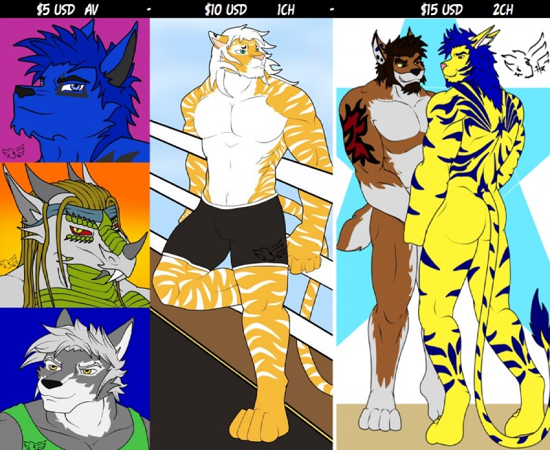 abs anthro athletic biceps big_muscles biped bottomwear bulge butt clothed clothing duo fur male muscular muscular_male nude pecs pose prices shorts solo standing topless hunterramirez hunter_ramirez canid canine felid mammal digital_media_(artwork) multiple_images