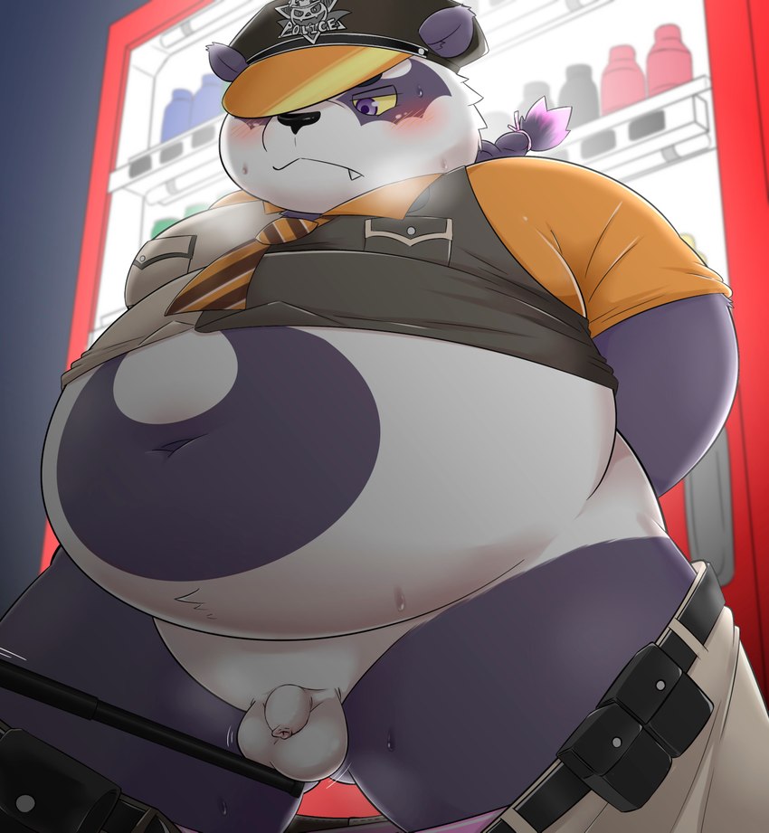 anthro balls belly blush bodily_fluids bottomwear clothing cute_fangs fangs flaccid genitals hat headgear headwear kemono male navel necktie overweight overweight_male pants penis police police_badge police_baton police_hat purple_body shirt small_penis solo sweat teeth topwear vending_machine white_body bake_gosut third-party_edit lifewonders tokyo_afterschool_summoners alp_(tas) bear giant_panda mammal 2021 censor_removal_edit hi_res