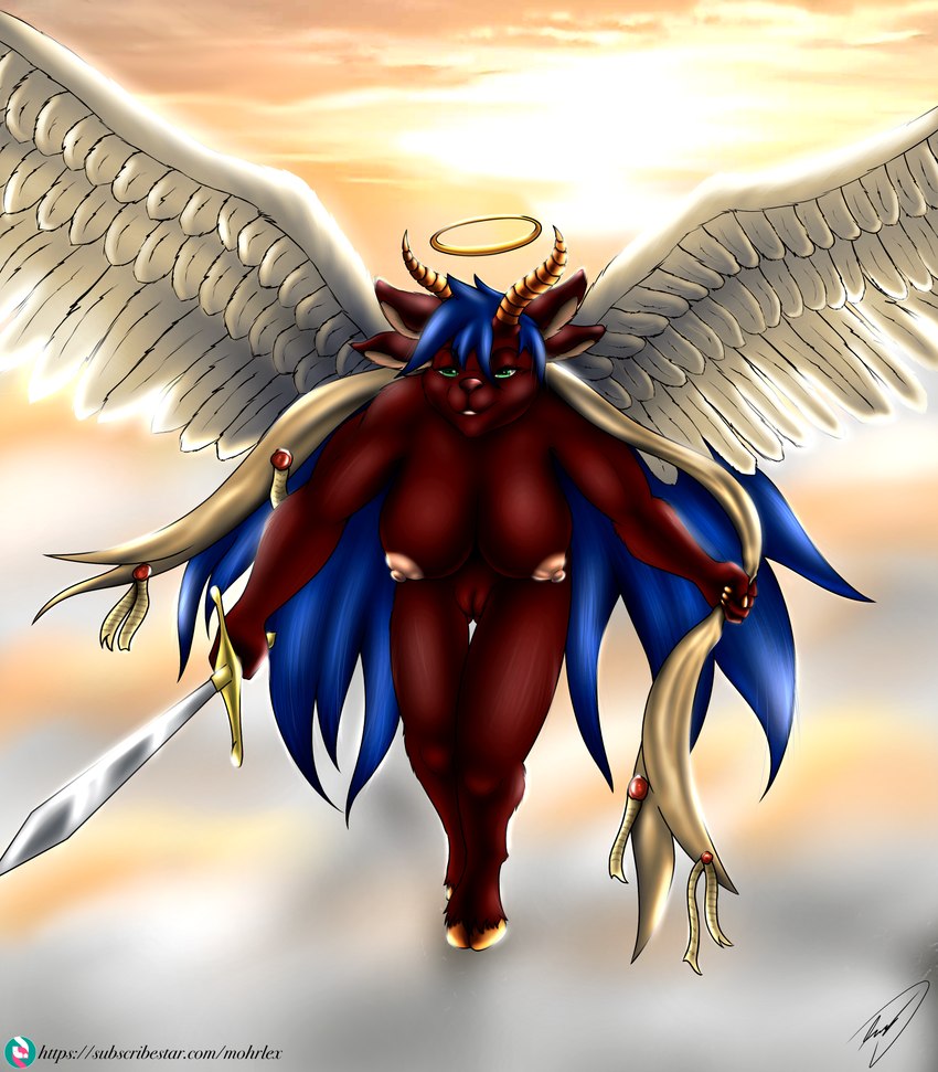 4_ears anthro bent_over big_breasts big_nipples blue_hair breasts digitigrade feathered_wings feathers female fingers flying fur genitals green_eyes grin hair halo happy holding_melee_weapon holding_object holding_sword holding_weapon hooves horn huge_breasts long_hair looking_at_viewer melee_weapon multi_ear nipples nude open_mouth outdoor_nudity outside pussy red_body red_fur sky smile solo sword teeth text thick_thighs weapon white_wings wings mohrlex mythology lust_(mohrlex) angel bovid caprine goat mammal mythological_creature absurd_res digital_media_(artwork) english_text hi_res url