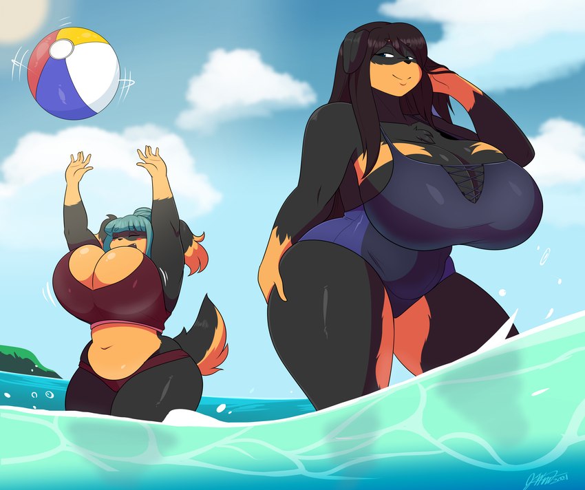 anthro ball beach beach_ball big_breasts bikini bikini_bottom bikini_top black_body black_fur black_hair blue_hair bouncing_breasts breasts brown_body brown_fur cleavage clothed clothing cloud curvy_figure duo female floppy_ears fur hair hand_on_butt hand_on_hair huge_breasts inflatable long_hair mature_female multicolored_body multicolored_fur one-piece_swimsuit seaside short_tail standing swimwear tail two-piece_swimsuit voluptuous water wet jwinkz alexis_(jwinks) zoey_(jwinkz) canid canine canis domestic_dog mammal 2021 absurd_res hi_res signature daughter_(lore) mother_(lore) mother_and_child_(lore) mother_and_daughter_(lore) parent_(lore) parent_and_child_(lore) parent_and_daughter_(lore)