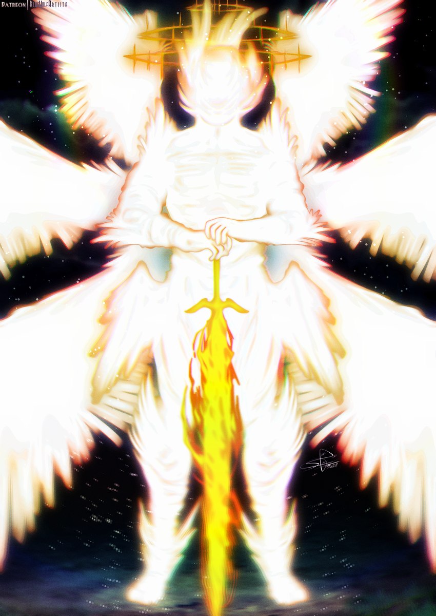 5_fingers 8_wings ankle_tuft arm_tuft back-wings biped calf_tuft cosmic_background elbow_tuft faceless_character feather_tuft feathered_wings feathers fingers fire flaming_sword glowing glowing_body glowing_feathers glowing_halo glowing_wings halo leaning_on_sword leg_tuft leg_wings male melee_weapon multi_wing orange_halo scp-001 shoulder_tuft solo spiked_halo spread_wings standing sword tuft unusual_wing_placement weapon white_glow wings bluewolfartista scp_foundation scp-001_(the_gate_guardian) angel archangel biblically_accurate_angel humanoid winged_humanoid 2022 absurd_res hi_res signature