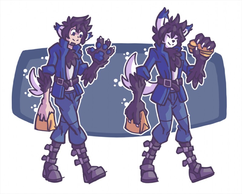 anthro before_and_after black_body black_fur black_hair boots chest_tuft clothing eyes_closed food footwear fur hair jacket male pawpads sandwich_(food) shoes smile solo topwear transformation tuft walking hukeng canid canine canis mammal wolf 2019