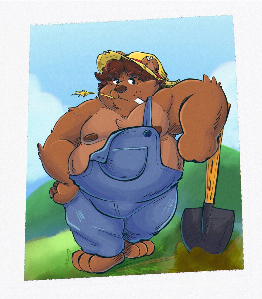 anthro belly brown_body clothing farmer hat headgear headwear male moobs nipples overalls overweight overweight_male shovel solo straw_hat tools 06junior11 bear mammal 2025 absurd_res hi_res