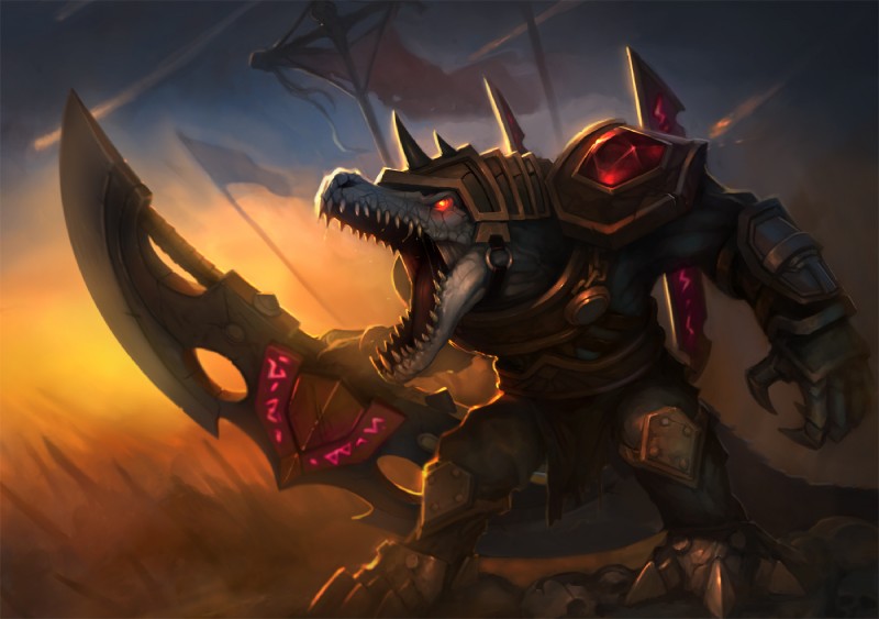 ambiguous_gender anthro armor blade claws dust fight flag jaws solo tail war warrior weapon unknown_artist league_of_legends riot_games tencent renekton crocodile crocodilian reptile scalie wallpaper