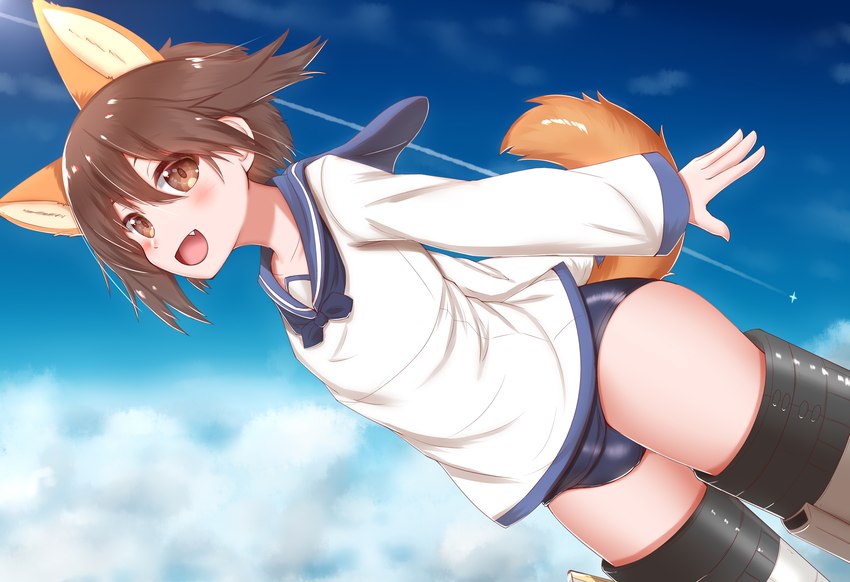 5_fingers asian_clothing blush brown_body brown_eyes brown_fur brown_hair brown_tail clothed clothing cloud cute_fangs east_asian_clothing fangs female female_humanoid fingers flying fur hair happy human_and_animal_ears japanese_clothing japanese_school_uniform looking_at_viewer multi_ear one-piece_swimsuit open_mouth open_smile school_uniform serafuku short_hair sky smile smiling_at_viewer solo swimwear tail teeth tongue uniform white_body white_fur horokusa0519 strike_witches miyafuji_yoshika animal_humanoid canid canid_humanoid canine canine_humanoid dog_humanoid humanoid mammal mammal_humanoid shiba_inu_humanoid 2021 digital_media_(artwork) hi_res translated_description