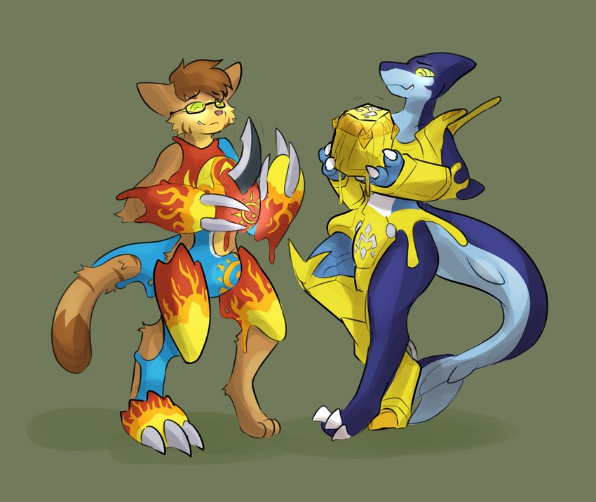 anthro clothing duo goo_transformation hypnosis mind_control ringed_eyes suit tail transformation captaincronus bandai_namco digimon digimon_(species) flamedramon magnamon hi_res