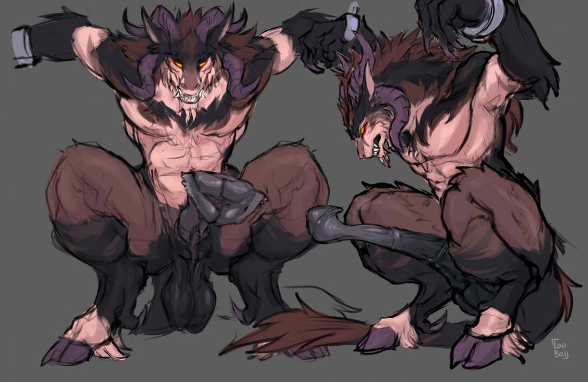 4_horns animal_genitalia animal_penis anthro balls big_flare big_penis black_body black_fur brown_body brown_fur crouching cuff_(restraint) digitigrade equine_genitalia equine_penis erection flared_penis fur genitals grey_background hooves horn long_penis male multi_horn muscular muscular_anthro muscular_male nude nude_anthro nude_male penis restrained restrained_arms restraints saggy_balls simple_background solo tan_body tan_fur teeth laobai mythology bai_(laobai) canid canine canis dragon hybrid mammal mythological_creature mythological_scalie scalie wolf hi_res