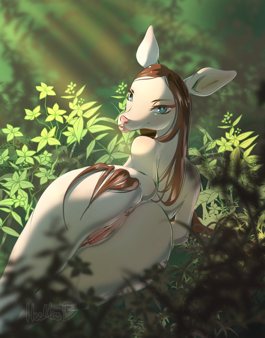 anthro anus brown_hair butt detailed_background female genitals hair lips long_hair looking_back lying on_side plant presenting presenting_hindquarters pussy solo thick_lips hissmiss deer mammal hi_res