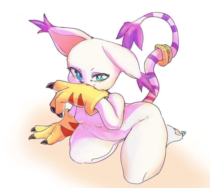 anthro blue_eyes breasts clothing featureless_breasts female gloves handwear kneeling small_breasts solo gikowinko bandai_namco digimon digimon_(species) gatomon hi_res