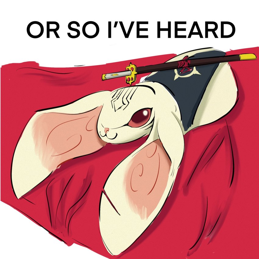 anthro fur humor katana loaf long_ears male melee_weapon red_eyes solo sword text weapon white_body white_fur art3misvariant atlus metaphor:_refantazio or_so_i've_heard sega heismay_noctule bat eugief mammal 1:1 english_text hi_res meme