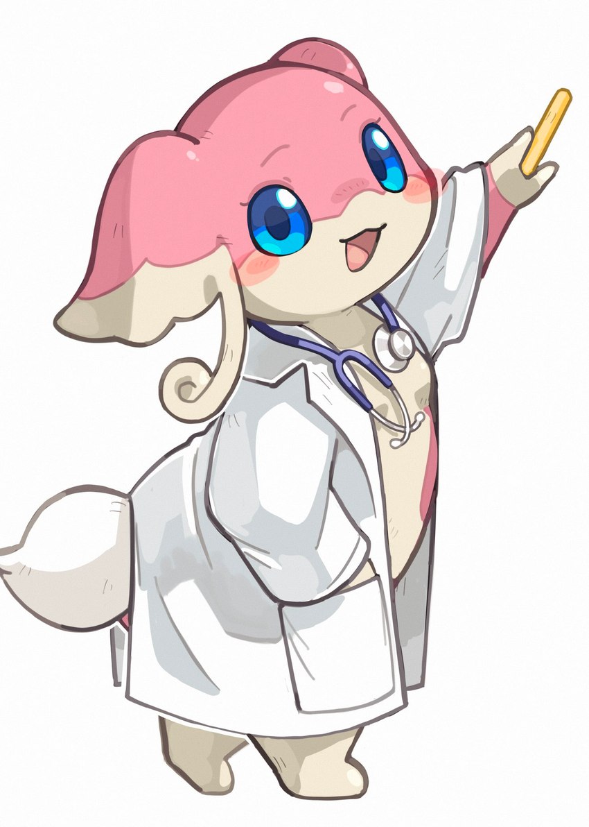 anthro blue_eyes breasts clothed clothing coat female fluffy fluffy_tail gown hand_in_pocket lab_coat looking_at_viewer medical_instrument multicolored_body open_mouth pink_body pockets scientific_instrument smile solo stethoscope tail topwear two_tone_body bigoyatsu nintendo pokemon audino generation_5_pokemon pokemon_(species) 2024 hi_res