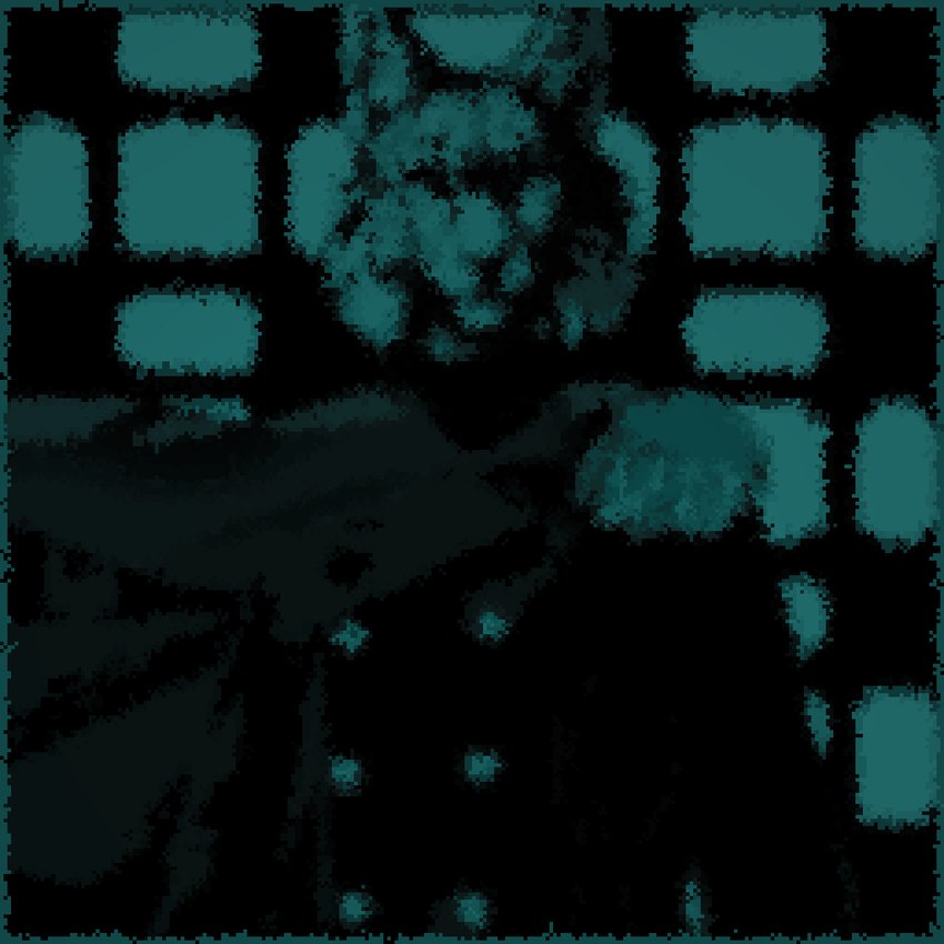 anthro cloak clothing epaulet frock_coat male solo uniform pgup4pgdn space_station_13 felid mammal tajaran 1:1 2025 black_and_blue digital_media_(artwork) monochrome pixel_(artwork) portrait