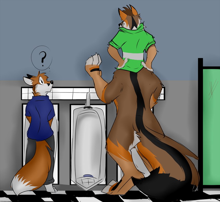 against_surface against_wall anthro bathroom black_body black_fur bottomless brown_body brown_fur clothed clothing confusion duo floor fur hands_on_hips humor looking_down male orange_body orange_fur question_mark shirt shirt_only simple_background tile tile_floor toilet_use topwear topwear_only urinal sirod kartfox canid canid_taur canine canine_taur fox fox_taur mammal mammal_taur red_fox swift_fox taur true_fox